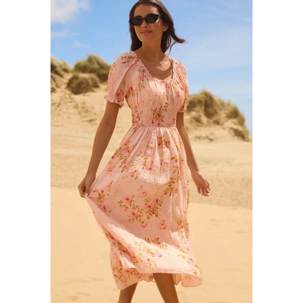 Needle and Thread Summer’s Rose Shirred Short Sleeve Ballerina Dress in Pale Pink, view 2