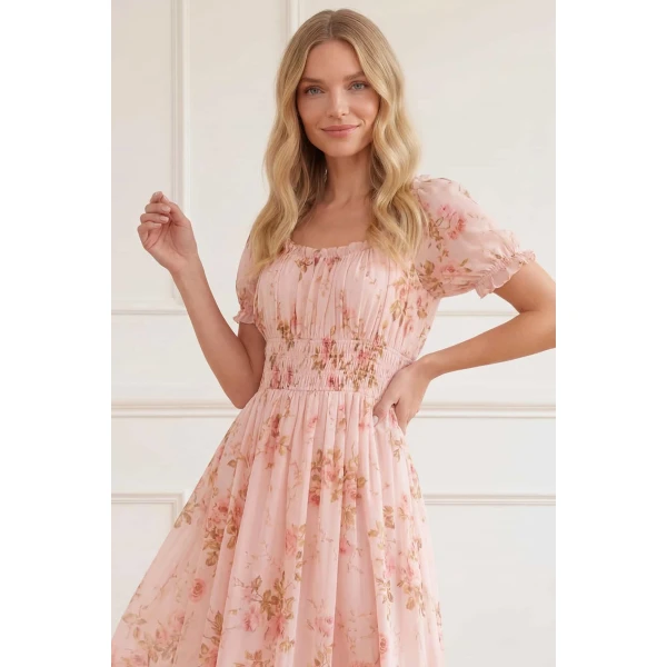 Needle and Thread Summer’s Rose Shirred Short Sleeve Ballerina Dress in Pale Pink, view 5