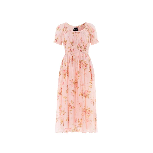 Needle and Thread Summer’s Rose Shirred Short Sleeve Ballerina Dress in Pale Pink