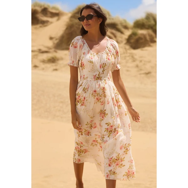 Needle and Thread Summer’s Rose Shirred Short Sleeve Ballerina Dress in White, view 2