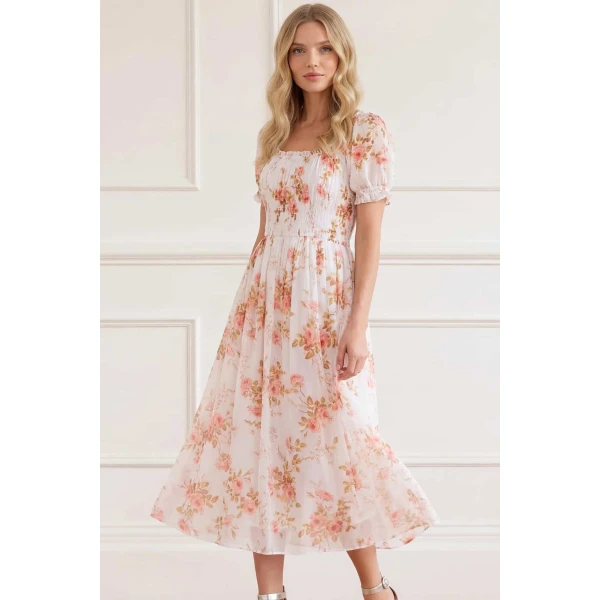 Needle and Thread Summer’s Rose Shirred Short Sleeve Ballerina Dress in White, view 3