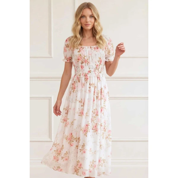 Needle and Thread Summer’s Rose Shirred Short Sleeve Ballerina Dress in White, view 4
