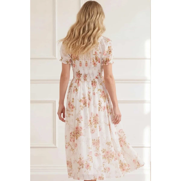 Needle and Thread Summer’s Rose Shirred Short Sleeve Ballerina Dress in White, view 6