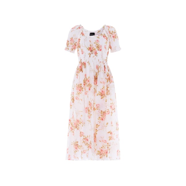 Needle and Thread Summer’s Rose Shirred Short Sleeve Ballerina Dress in White