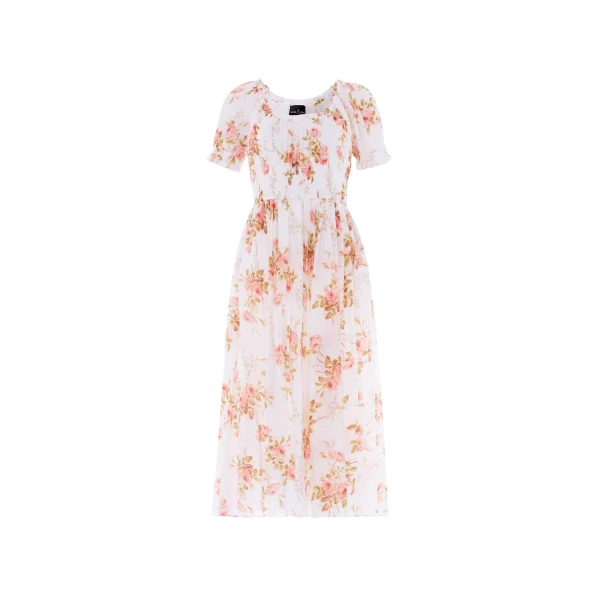 Needle and Thread Summer’s Rose Shirred Short Sleeve Ballerina Dress in White