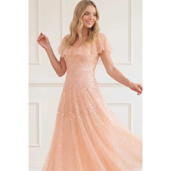 Needle and Thread Sunrise Sequin V-Neck Ankle Gown in Apricot Blush, view 4