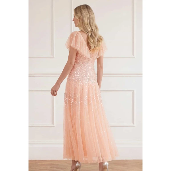 Needle and Thread Sunrise Sequin V-Neck Ankle Gown in Apricot Blush, view 6