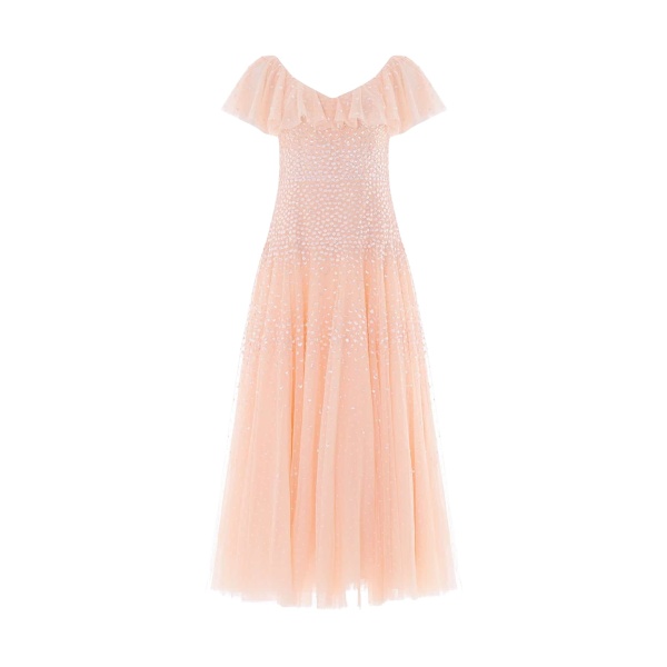 Needle and Thread Sunrise Sequin V-Neck Ankle Gown in Apricot Blush