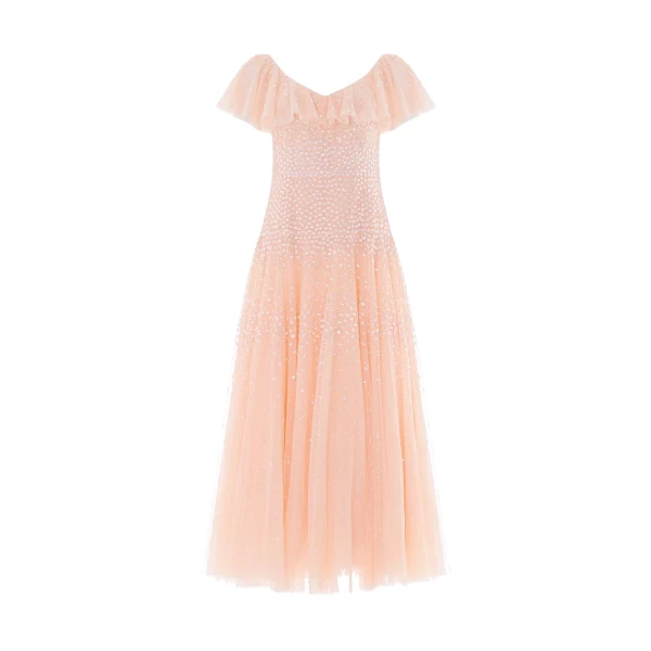 Needle and Thread Sunrise Sequin V-Neck Ankle Gown in Apricot Blush