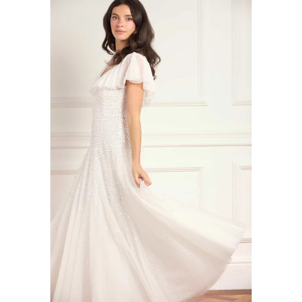 Needle and Thread Sunrise Sequin V-Neck Ankle Gown in Swan White, view 4