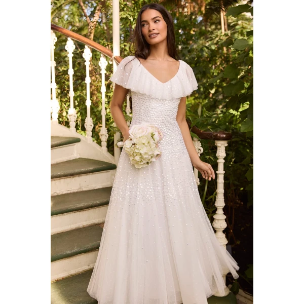 Needle and Thread Sunrise Sequin V-Neck Ankle Gown in Swan White, view 5