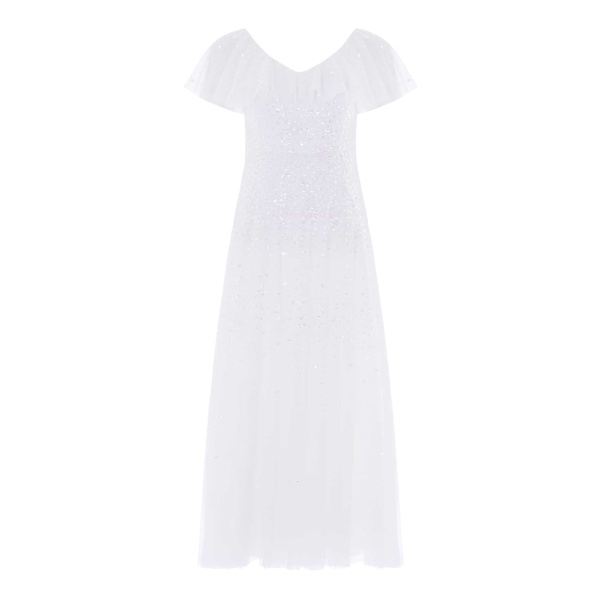 Needle and Thread Sunrise Sequin V-Neck Ankle Gown in Swan White