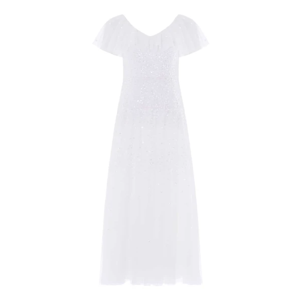 Needle and Thread Sunrise Sequin V-Neck Ankle Gown in Swan White