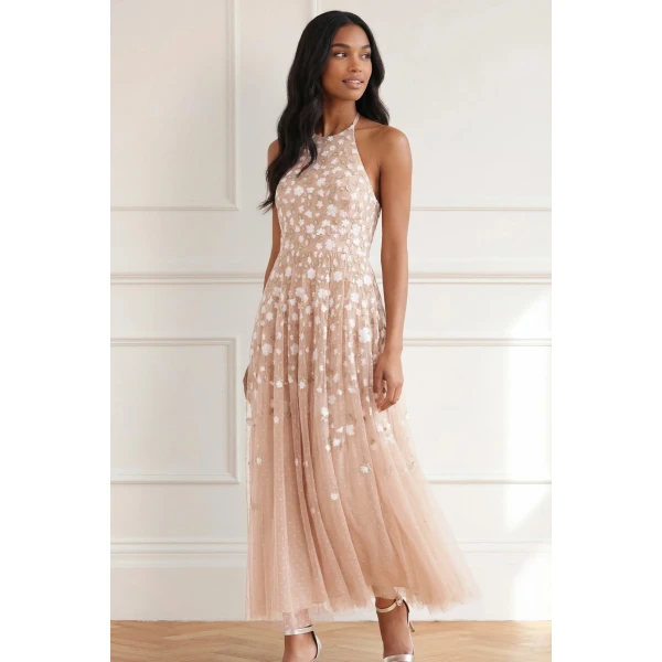 Needle and Thread Trailing Roses Halter-Neck Ankle Gown in Biscuit/White, view 2