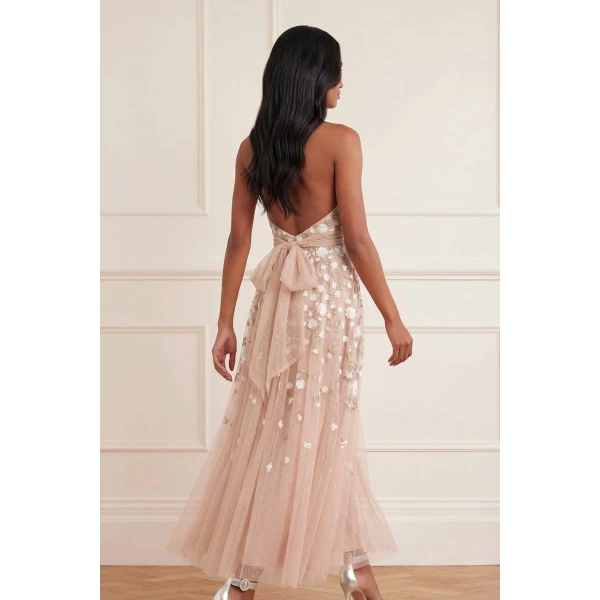 Needle and Thread Trailing Roses Halter-Neck Ankle Gown in Biscuit/White, view 5