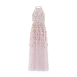 Needle and Thread Trailing Roses Halter-Neck Ankle Gown in Shell/Multi