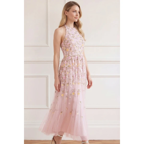 Needle and Thread Trailing Roses Halter-Neck Ankle Gown in Shell/Multi, view 3
