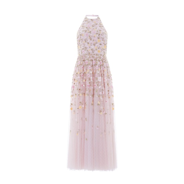 Needle and Thread Trailing Roses Halter-Neck Ankle Gown in Shell/Multi