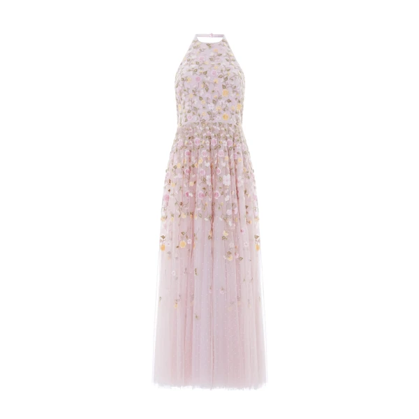 Needle and Thread Trailing Roses Halter-Neck Ankle Gown in Shell/Multi