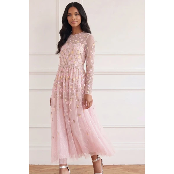 Needle and Thread Trailing Roses Long Sleeve Ankle Gown in Shell/Multi, view 3