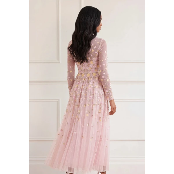 Needle and Thread Trailing Roses Long Sleeve Ankle Gown in Shell/Multi, view 6