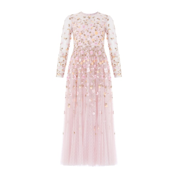 Needle and Thread Trailing Roses Long Sleeve Ankle Gown in Shell/Multi