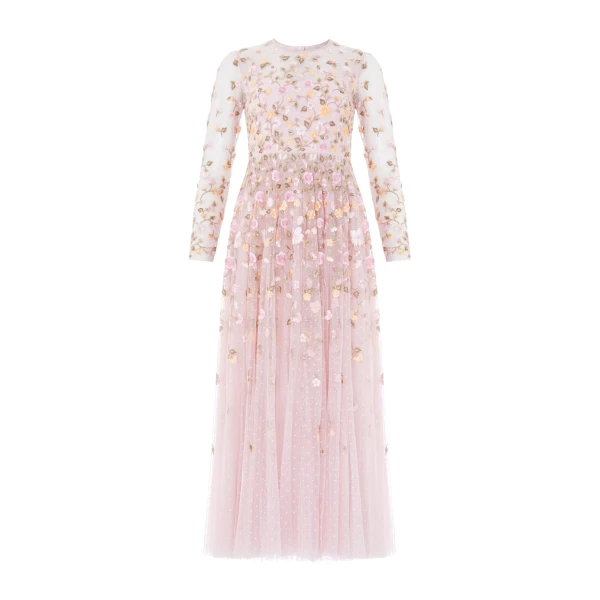 Needle and Thread Trailing Roses Long Sleeve Ankle Gown in Shell/Multi