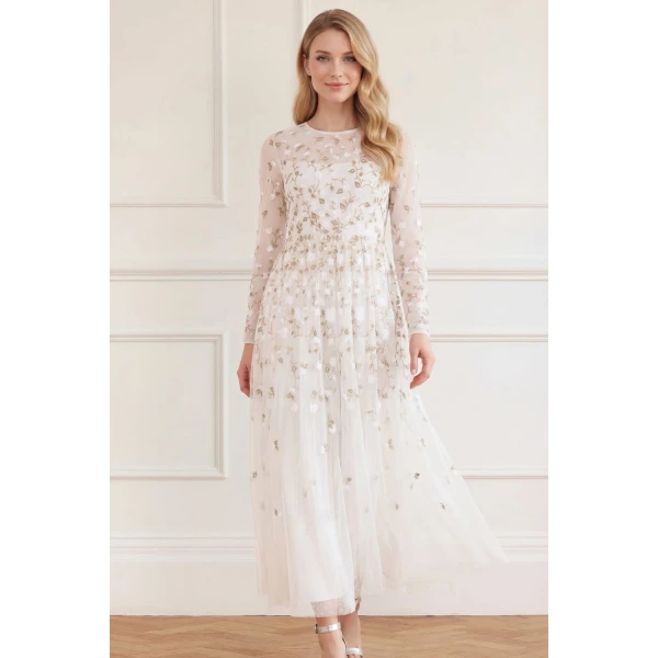 Needle and Thread Trailing Roses Long Sleeve Ankle Gown in Swan/White, view 2