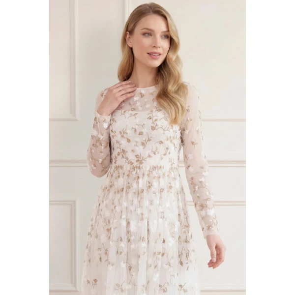 Needle and Thread Trailing Roses Long Sleeve Ankle Gown in Swan/White, view 4