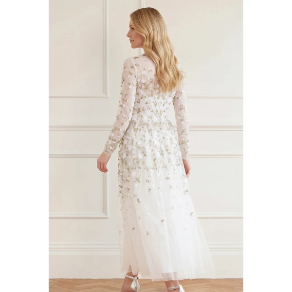 Needle and Thread Trailing Roses Long Sleeve Ankle Gown in Swan/White, view 6