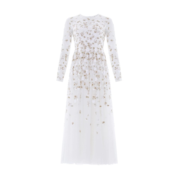 Needle and Thread Trailing Roses Long Sleeve Ankle Gown in Swan/White