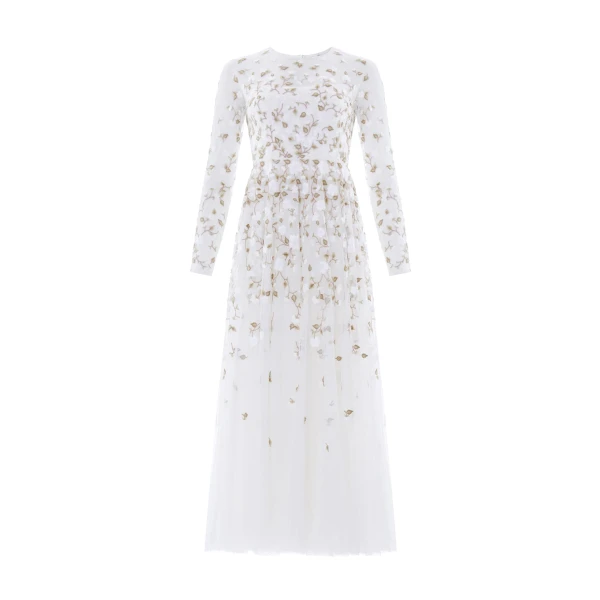 Needle and Thread Trailing Roses Long Sleeve Ankle Gown in Swan/White