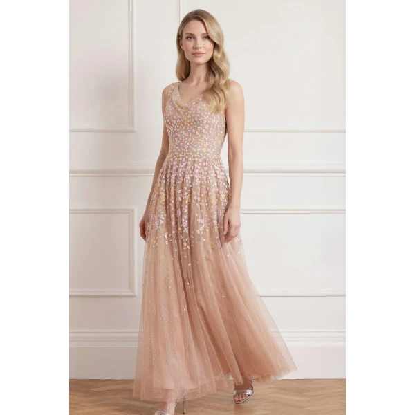 Needle and Thread Versailles Ditsy Cowl Neck Gown in Biscuit/Pale, view 2