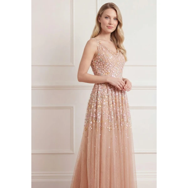 Needle and Thread Versailles Ditsy Cowl Neck Gown in Biscuit/Pale, view 3