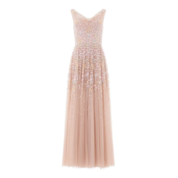 Needle and Thread Versailles Ditsy Cowl Neck Gown in Biscuit/Pale