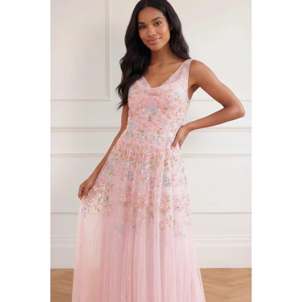 Needle and Thread Versailles Ditsy Cowl Neck Gown in Shell/Bright, view 2