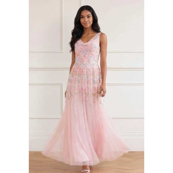 Needle and Thread Versailles Ditsy Cowl Neck Gown in Shell/Bright, view 3