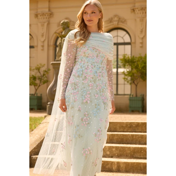 Needle and Thread Versailles Ditsy Draped Long Sleeve Ankle Gown in Sea Mist/Bright, view 2