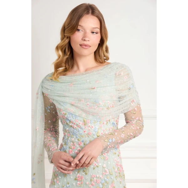 Needle and Thread Versailles Ditsy Draped Long Sleeve Ankle Gown in Sea Mist/Bright, view 4