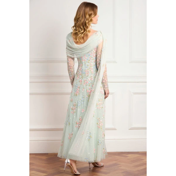 Needle and Thread Versailles Ditsy Draped Long Sleeve Ankle Gown in Sea Mist/Bright, view 5