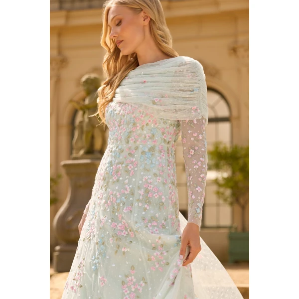 Needle and Thread Versailles Ditsy Draped Long Sleeve Ankle Gown in Sea Mist/Bright, view 6