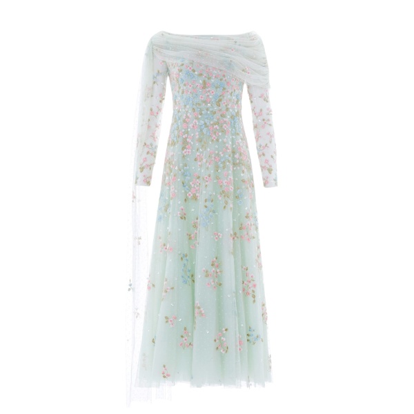 Needle and Thread Versailles Ditsy Draped Long Sleeve Ankle Gown in Sea Mist/Bright