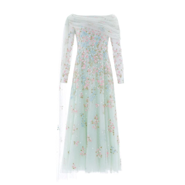 Needle and Thread Versailles Ditsy Draped Long Sleeve Ankle Gown in Sea Mist/Bright