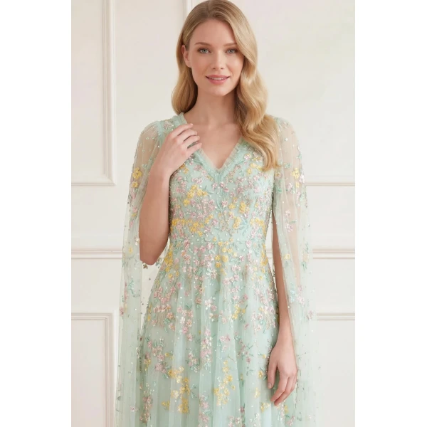 Needle and Thread Versailles Ditsy V-Neck Cape Sleeve Ankle Gown in Sea Mist/Pale, view 3