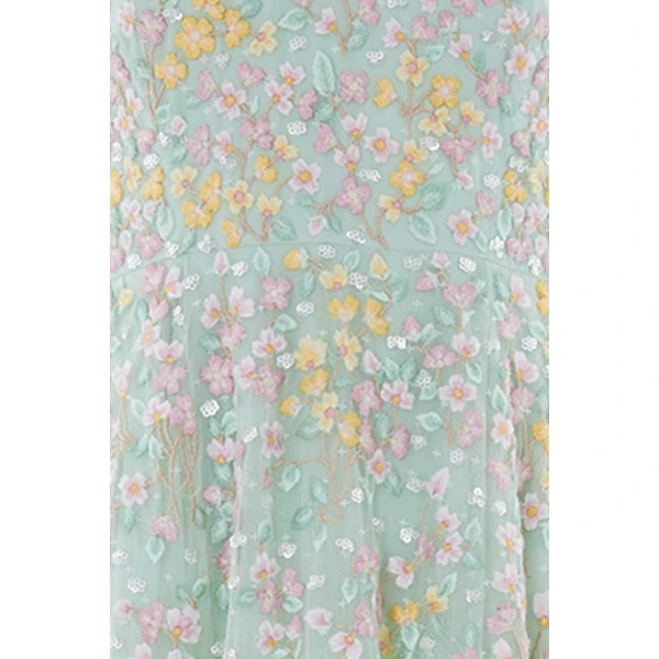 Needle and Thread Versailles Ditsy V-Neck Cape Sleeve Ankle Gown in Sea Mist/Pale, view 4
