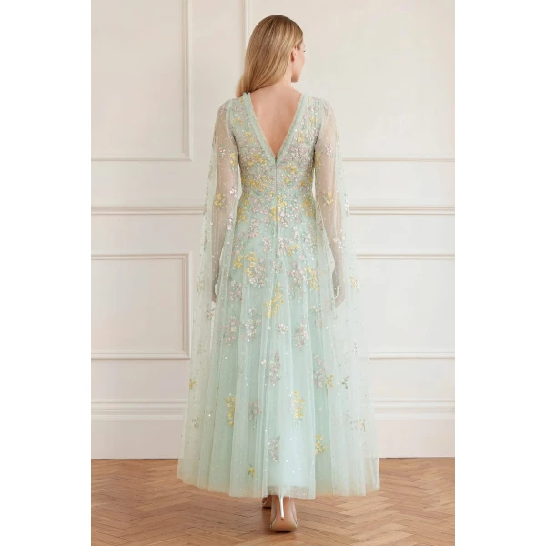 Needle and Thread Versailles Ditsy V-Neck Cape Sleeve Ankle Gown in Sea Mist/Pale, view 5