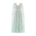Needle and Thread Versailles Ditsy V-Neck Cape Sleeve Ankle Gown in Sea Mist/Pale