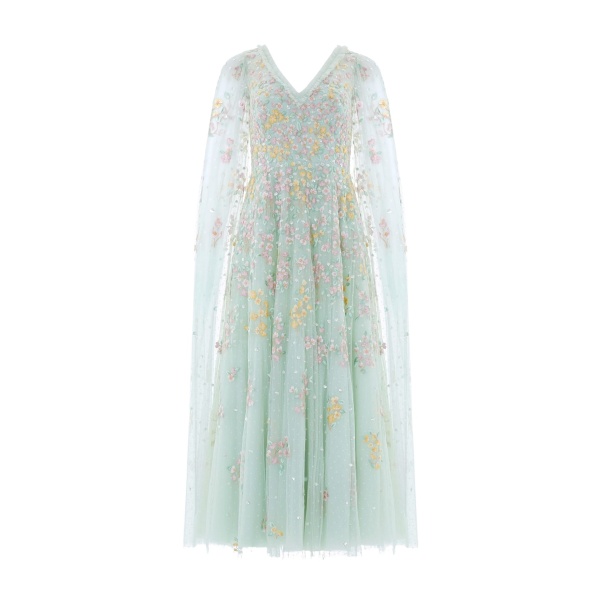 Needle and Thread Versailles Ditsy V-Neck Cape Sleeve Ankle Gown in Sea Mist/Pale