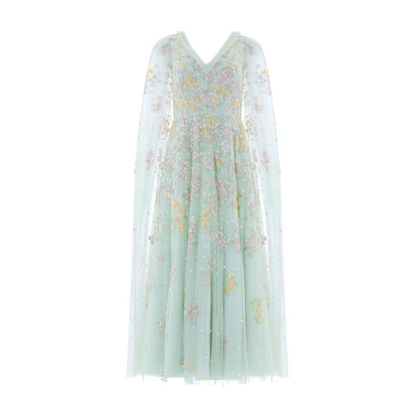 Needle and Thread Versailles Ditsy V-Neck Cape Sleeve Ankle Gown in Sea Mist/Pale