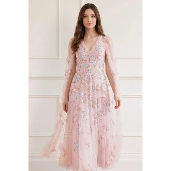 Needle and Thread Versailles Ditsy V-Neck Cape Sleeve Ankle Gown in Shell/Bright, view 2
